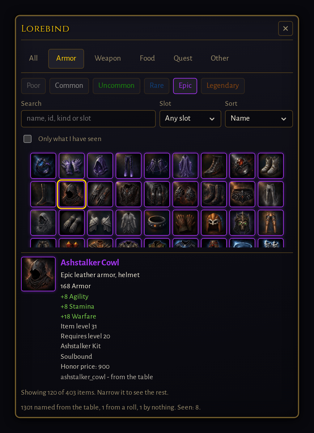 the Lorebind window browsing the game's epic armor: a grid of item art, each square edged in the game's own colour for its tier, with one item's record open under it