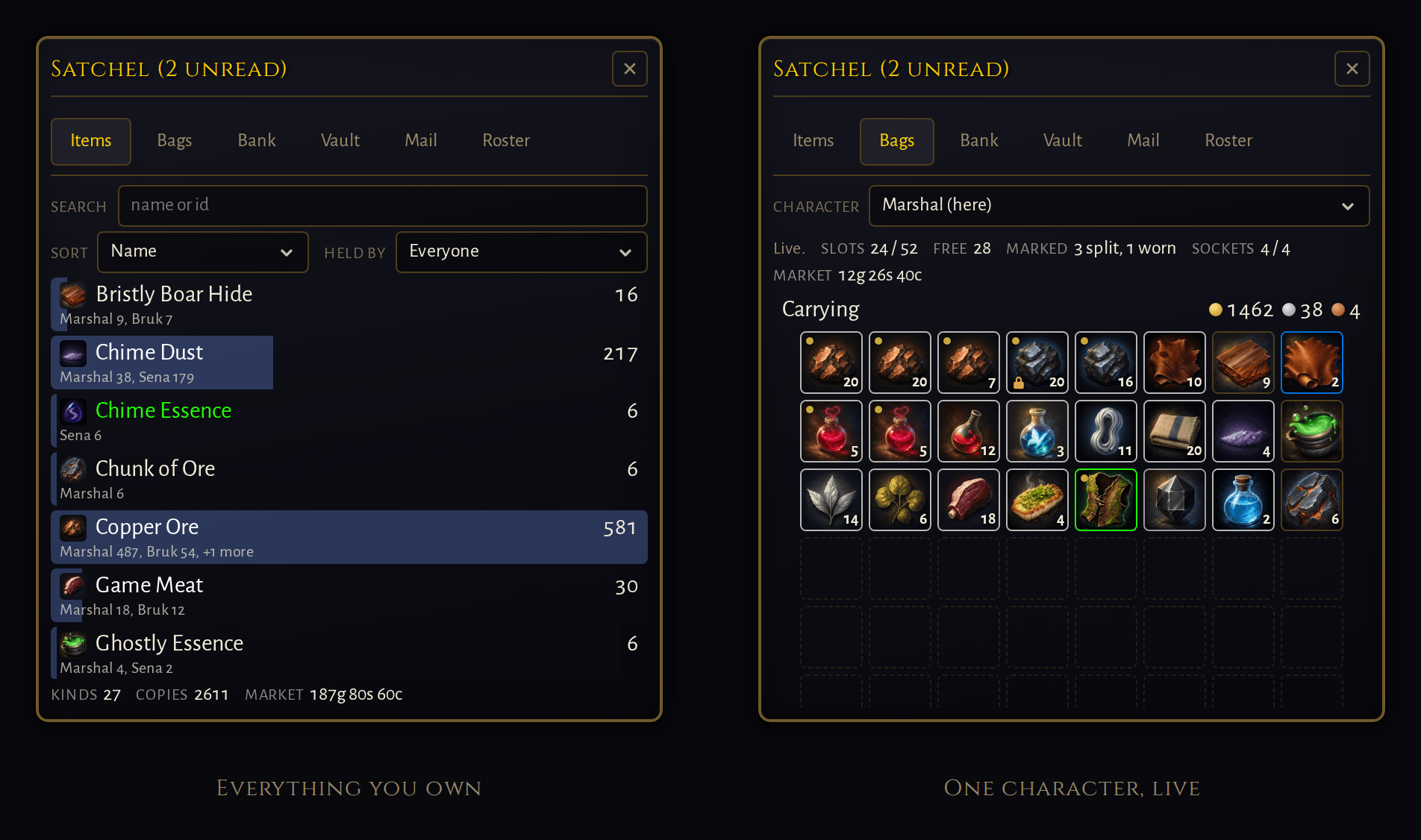 On the left, Everything you own, one row an item, pooled across every character and searchable, sortable and filterable by who holds it, each name coloured by its tier, with what the whole list goes for at the Merchant along the bottom On the right, One character, live, the bags of the character in play, as a grid of squares bordered by item tier, one of them padlocked