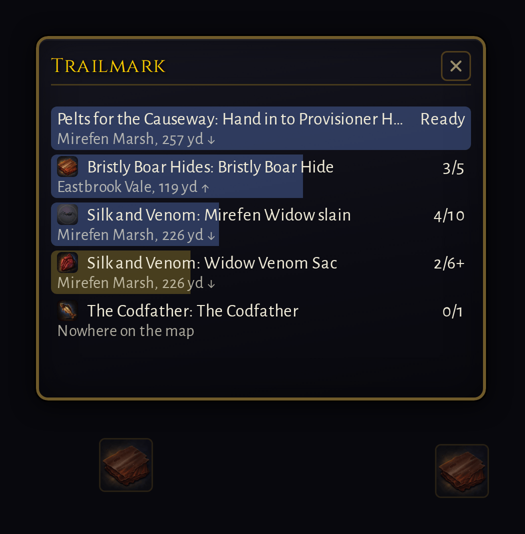 a panel of the outstanding objectives in your quest log, each a bar saying how far along it is, where it is and which way to turn, with pins in the world below
