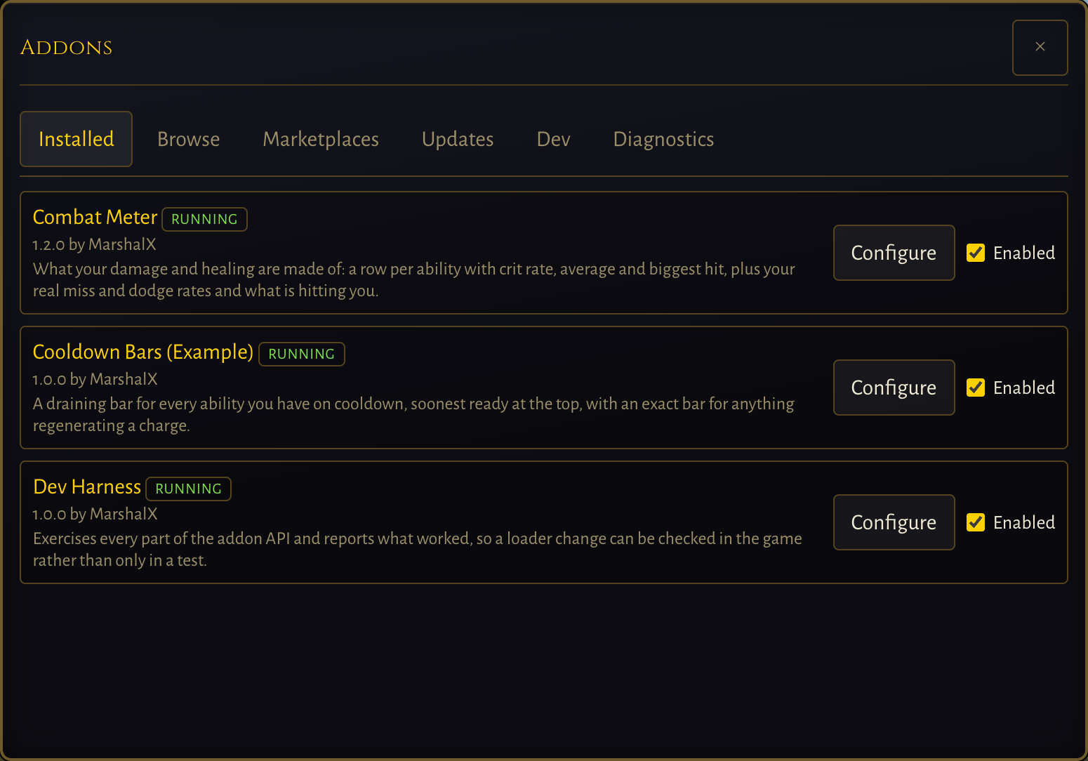 The Addons window inside the game, on the Installed tab beside Browse, Marketplaces, Updates, Dev and Diagnostics. Combat Meter, Cooldown Bars and Dev Harness are each listed as RUNNING with their version, author and description, a Configure button and a ticked Enabled checkbox.