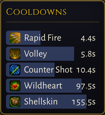 The Cooldowns panel, five draining bars ordered by time remaining: Rapid Fire 4.4s, Volley 5.8s, Counter Shot 10.4s, Wildheart 97.5s and Shellskin 155.5s, each with the ability's own icon.