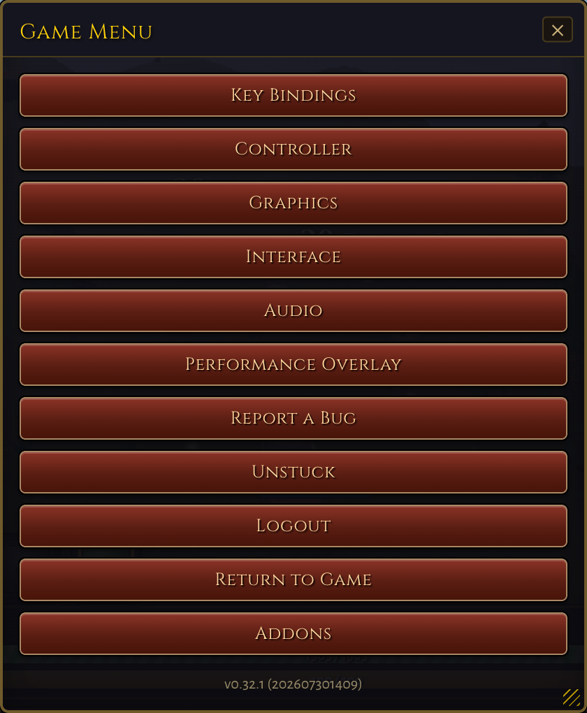 The in-game Game Menu listing Key Bindings, Controller, Graphics, Interface, Audio, Performance Overlay, Report a Bug, Unstuck, Logout and Return to Game, with a new Addons entry at the bottom, above the game's version readout.