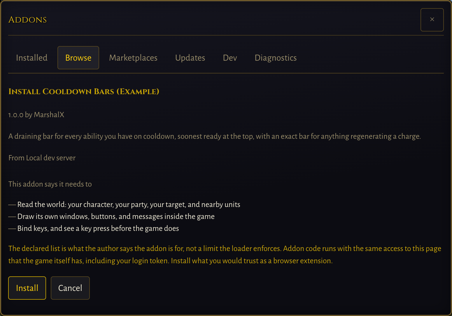The Browse tab showing an install confirmation for Cooldown Bars. It lists what the addon says it needs to do, then a gold warning that the declared list is what the author says the addon is for, not a limit the loader enforces, and that addon code runs with the same access to the page as the game itself, including your login token.